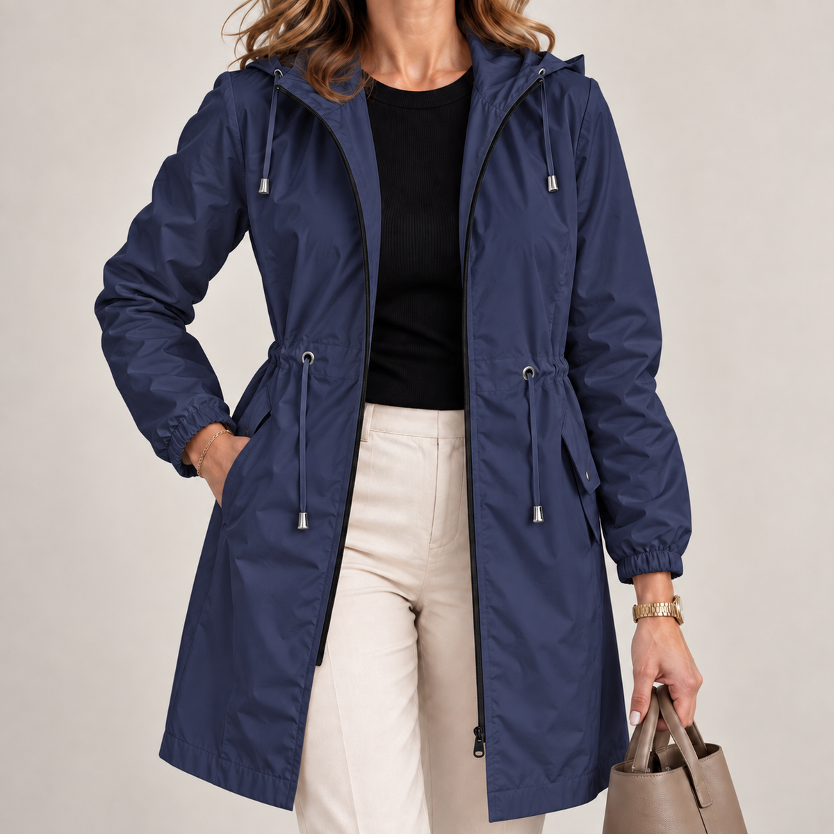 Chaqueta parka impermeable larga con capucha para mujer ajustable