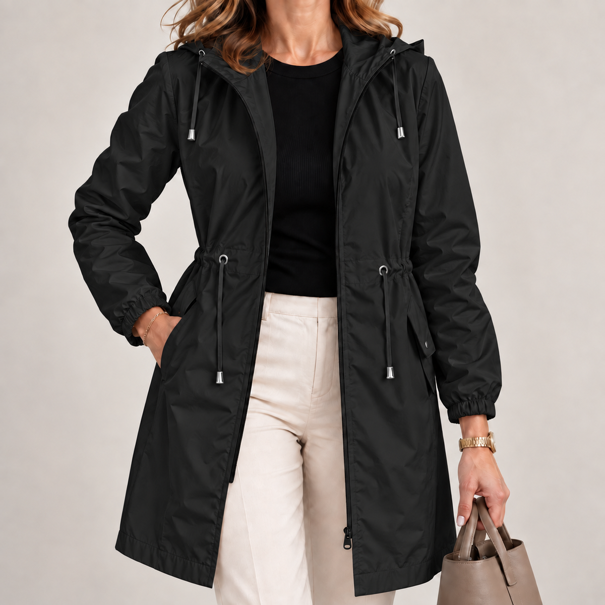 Chaqueta parka impermeable larga con capucha para mujer ajustable