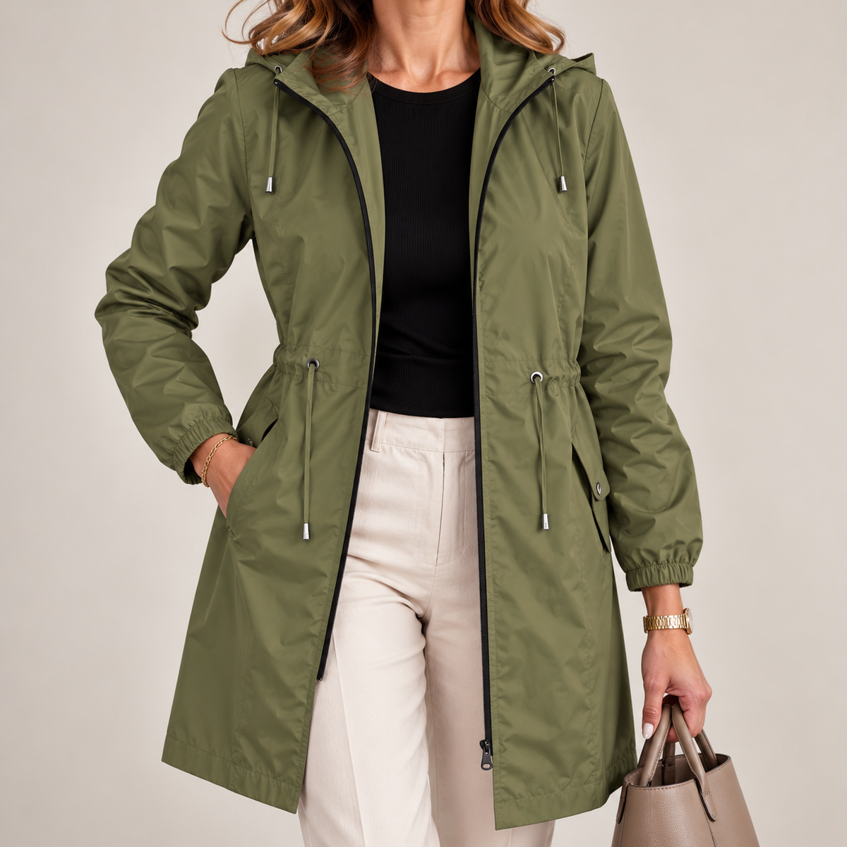 Chaqueta parka impermeable larga con capucha para mujer ajustable