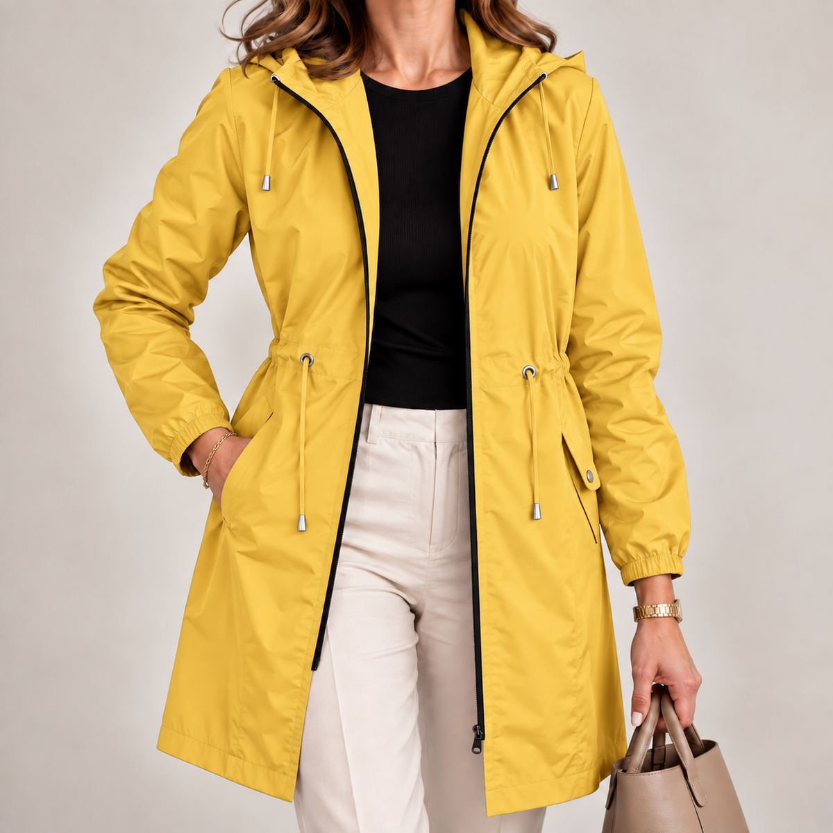 Chaqueta parka impermeable larga con capucha para mujer ajustable