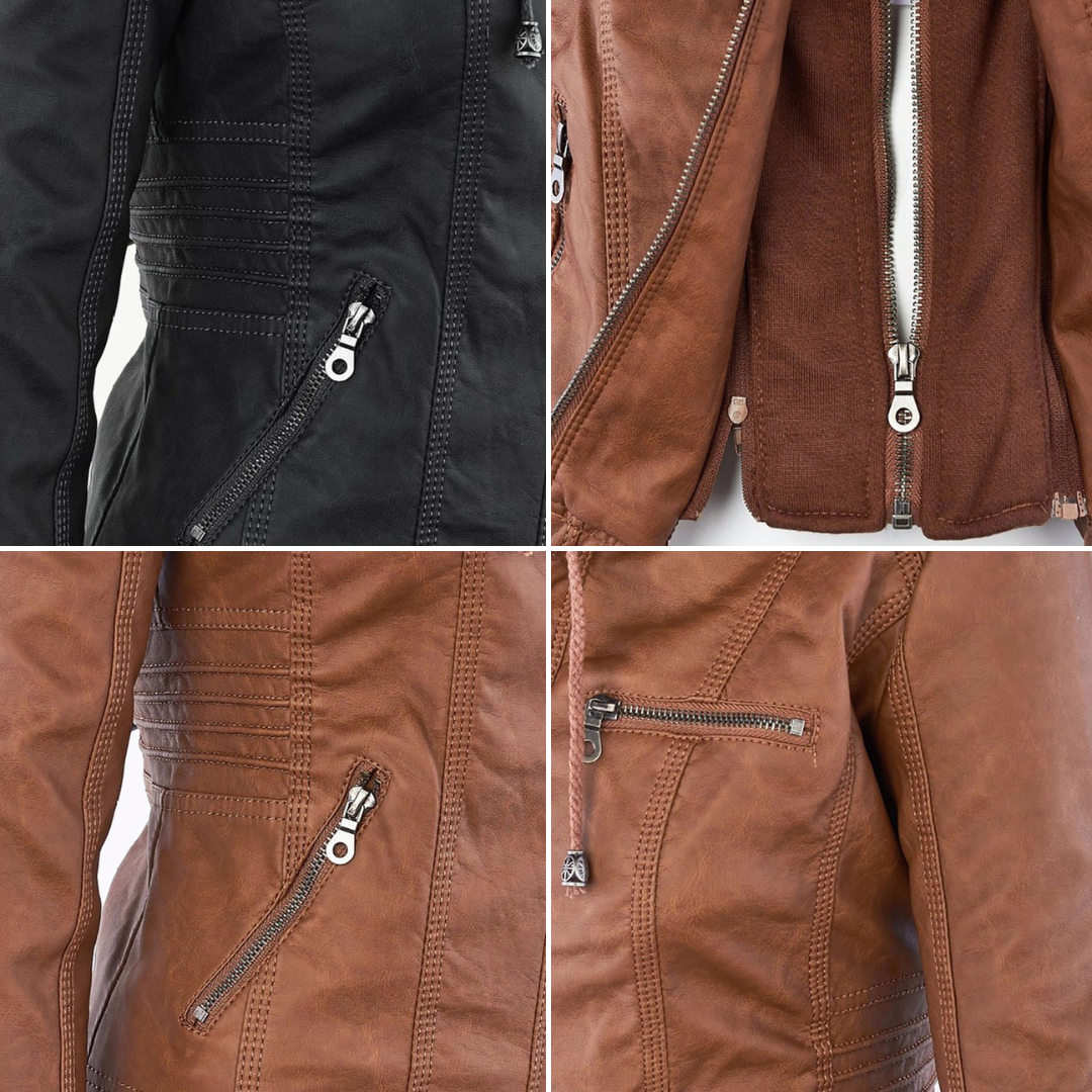 Chaqueta efecto cuero para mujer con capucha y cremallera