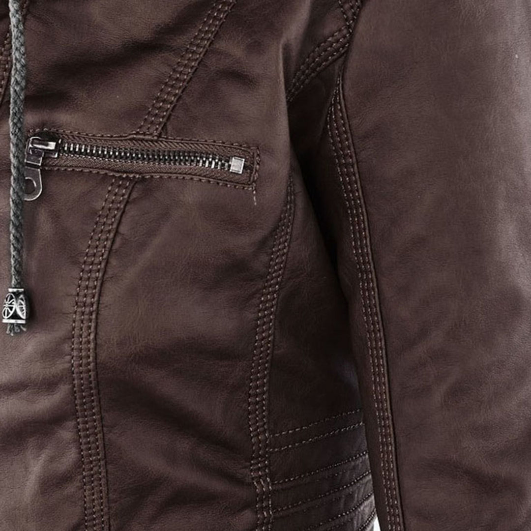 Chaqueta efecto cuero para mujer con capucha y cremallera