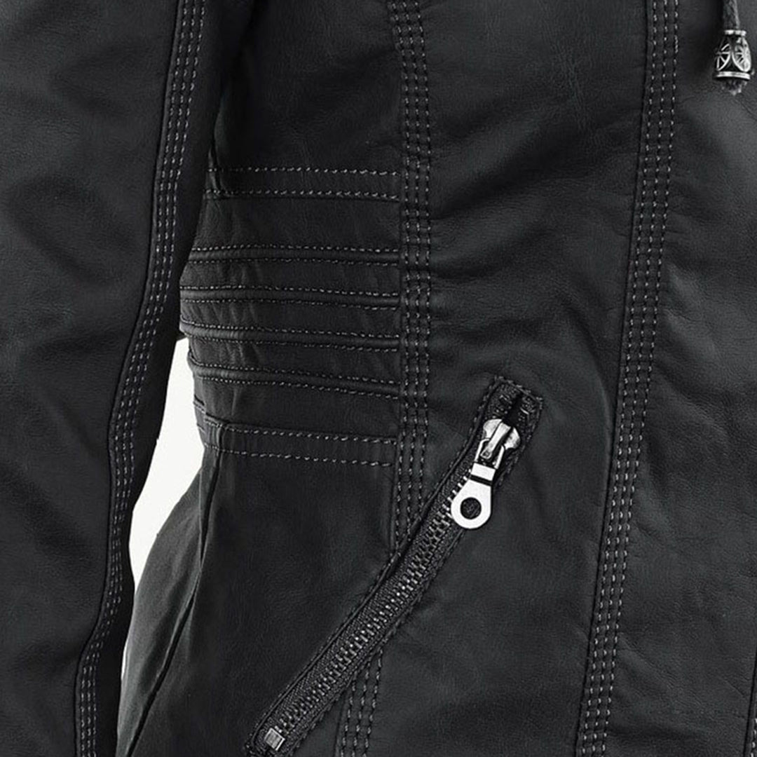 Chaqueta efecto cuero para mujer con capucha y cremallera