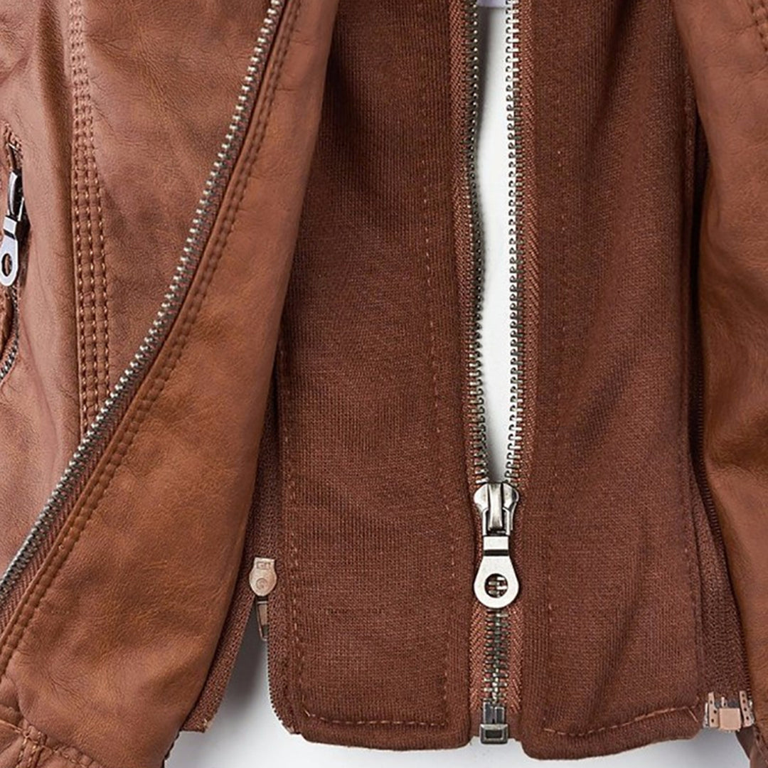 Chaqueta efecto cuero para mujer con capucha y cremallera