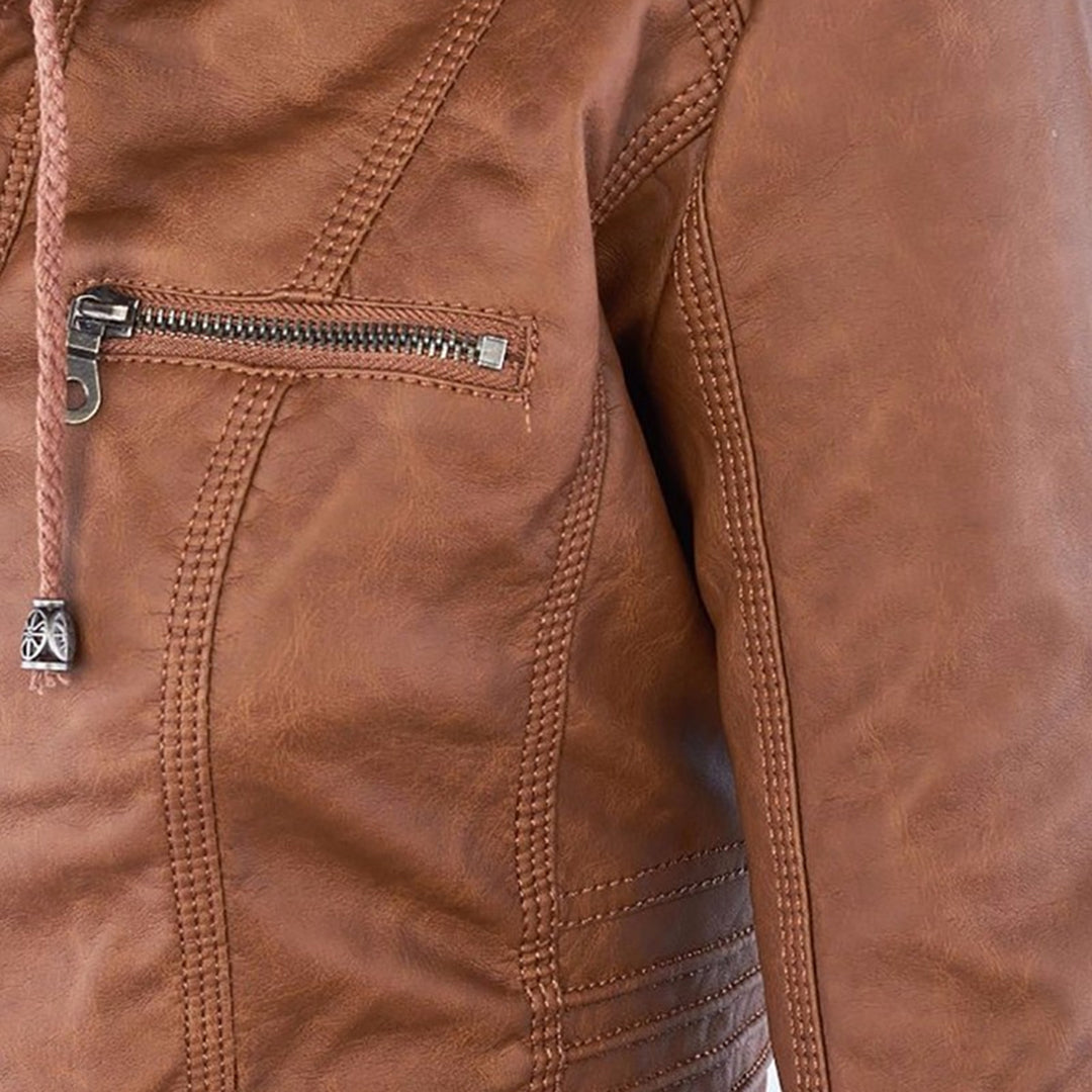 Chaqueta efecto cuero para mujer con capucha y cremallera