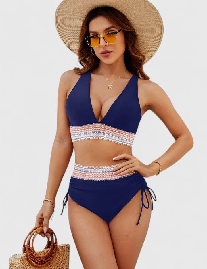 Bikini mujer halter escote V cintura alta crochet cordones laterales playa