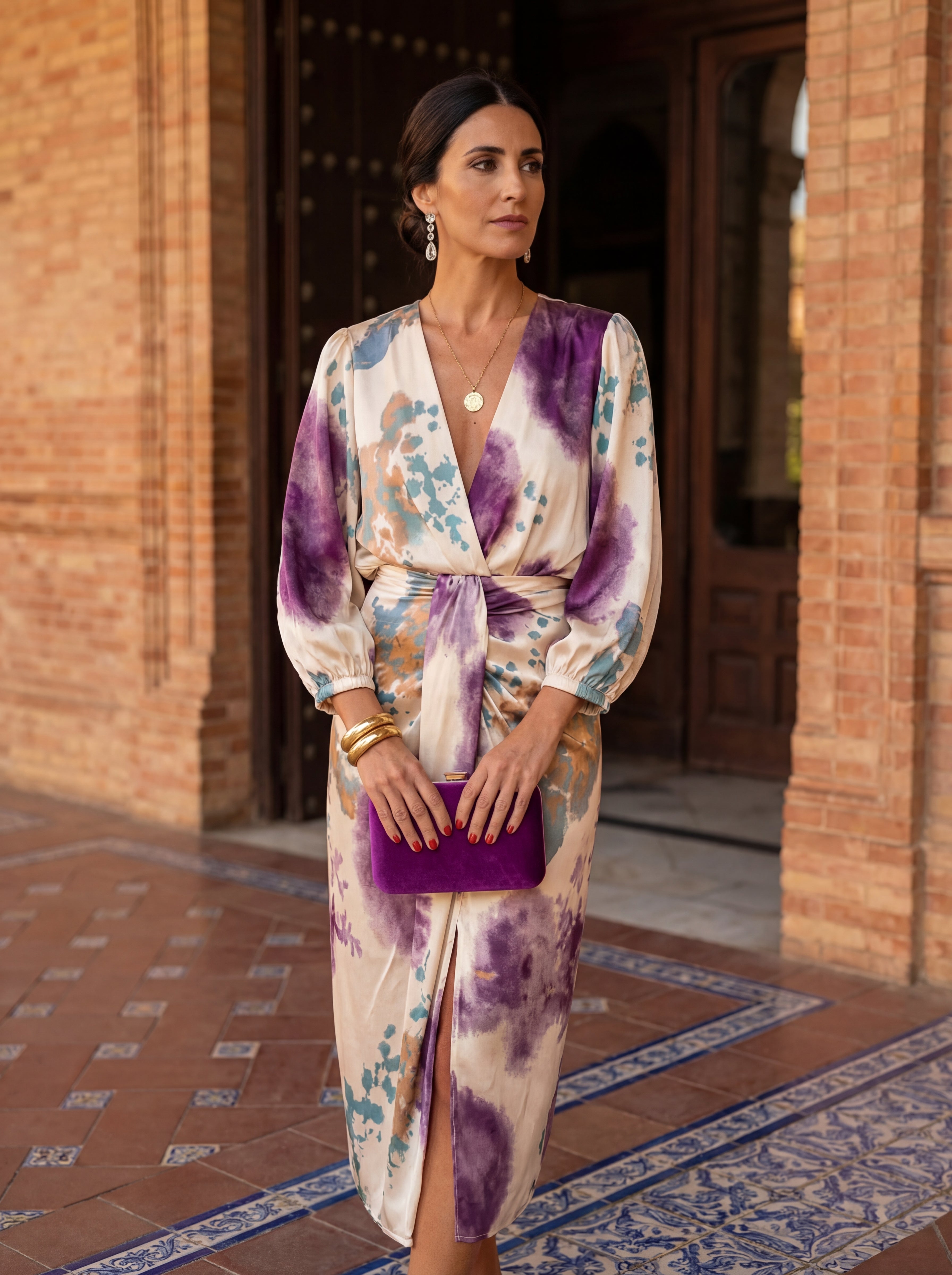 Vestido mujer elegante escote V – vestido midi fluido con cinturón