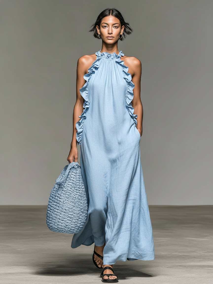 Vestido maxi mujer sin mangas con volantes y bolsillos