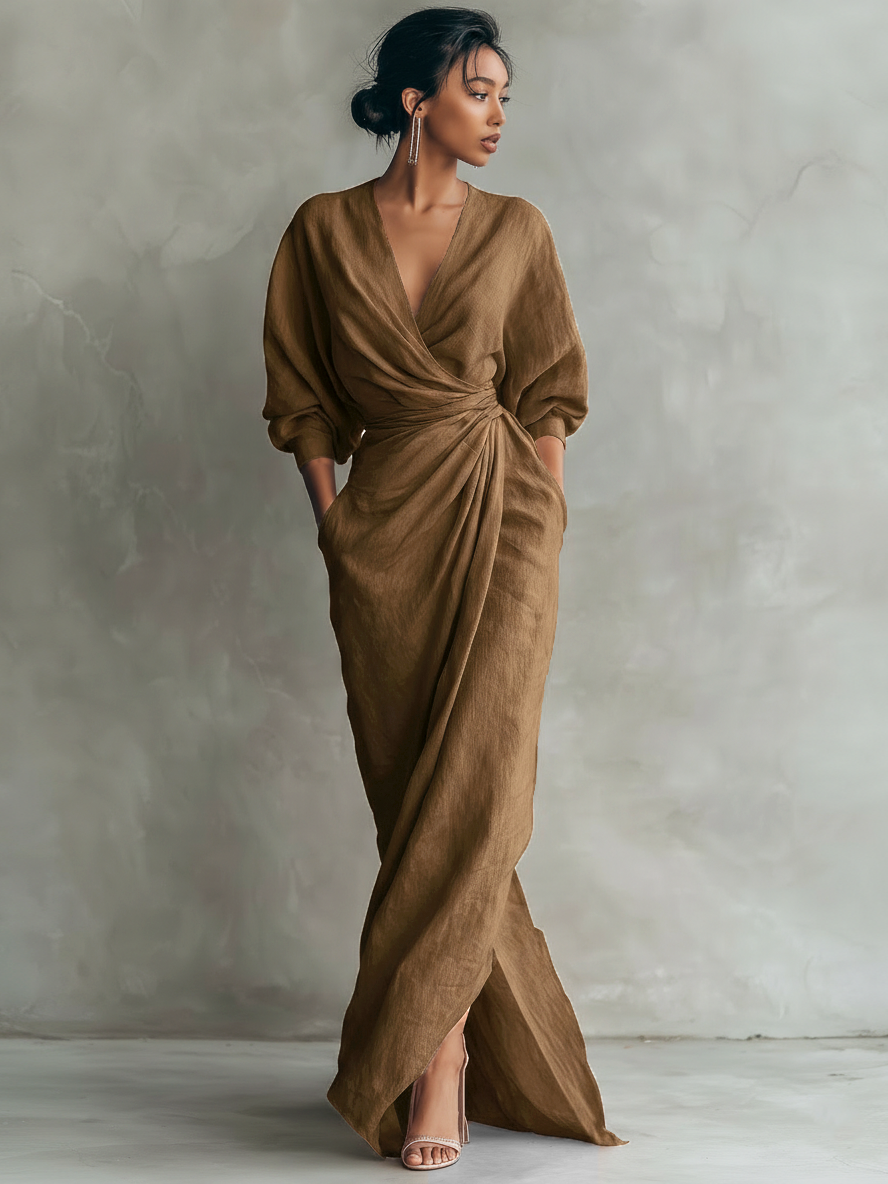 Vestido maxi mujer lino escote V elegante
