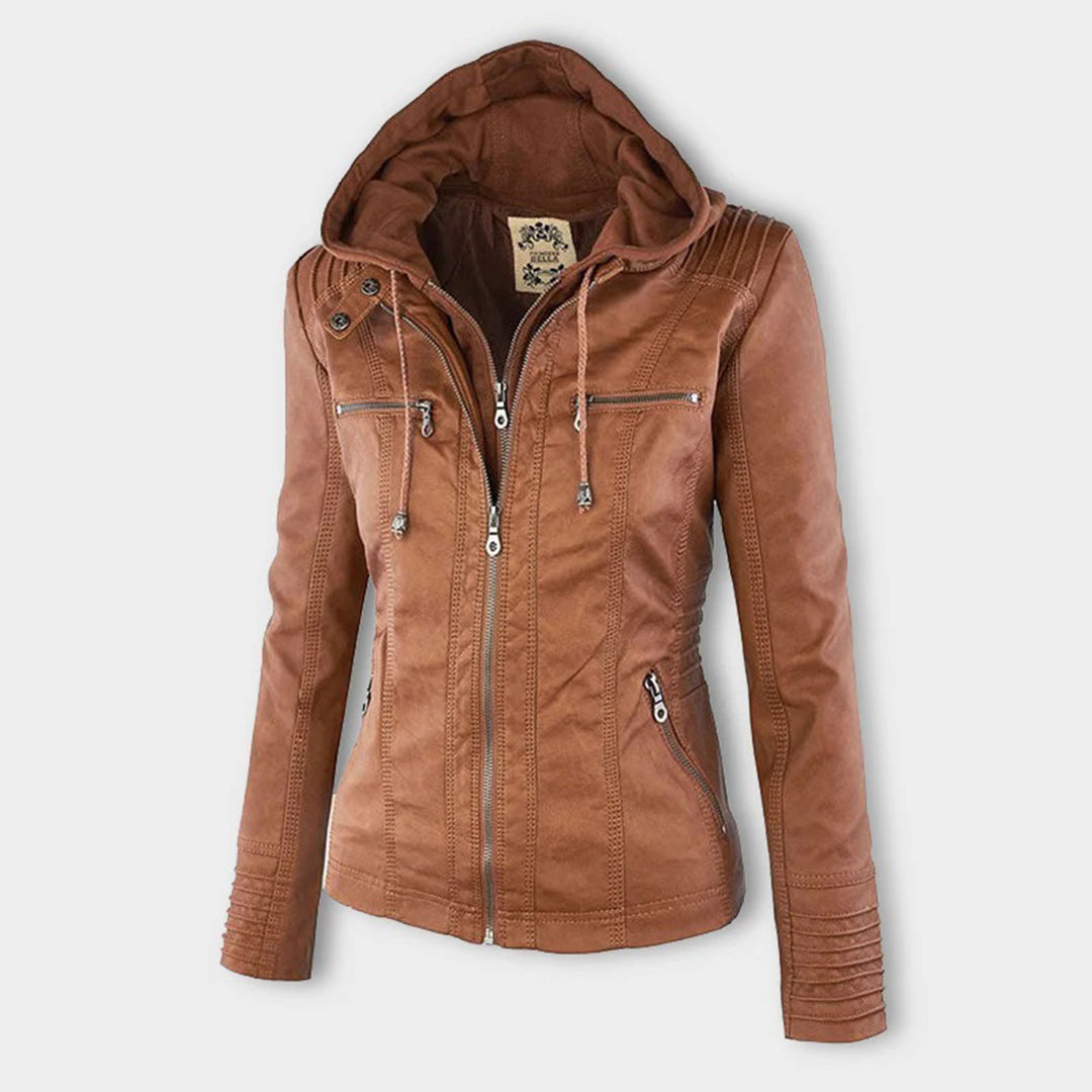Chaqueta efecto cuero para mujer con capucha y cremallera