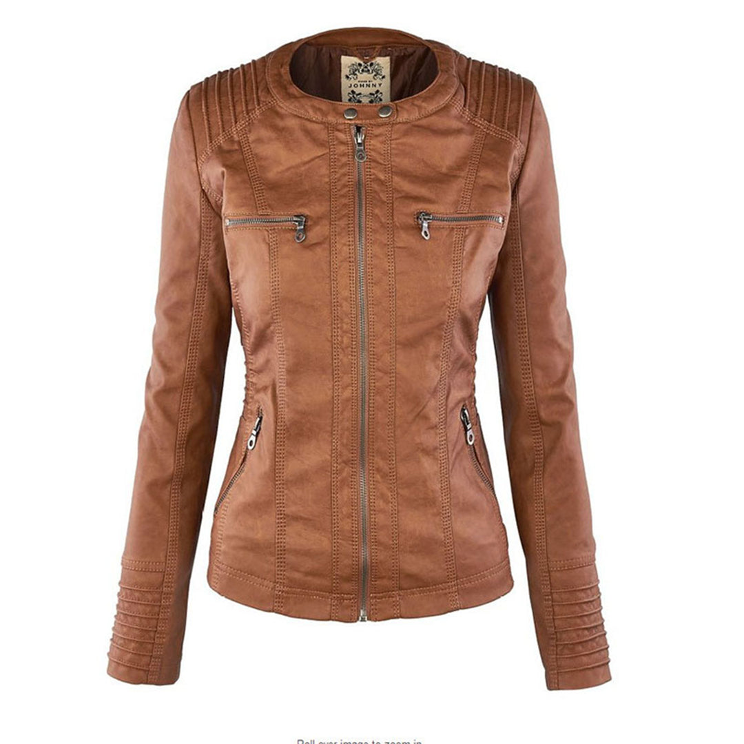 Chaqueta efecto cuero para mujer con capucha y cremallera