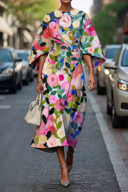 Vestido midi mujer flores artísticas mangas fluidas elegante