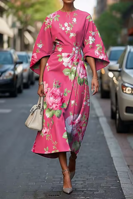Vestido midi mujer flores artísticas mangas fluidas elegante