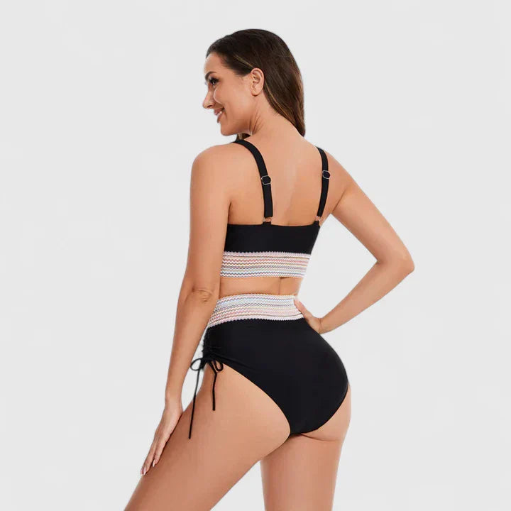 Bikini mujer halter escote V cintura alta crochet cordones laterales playa