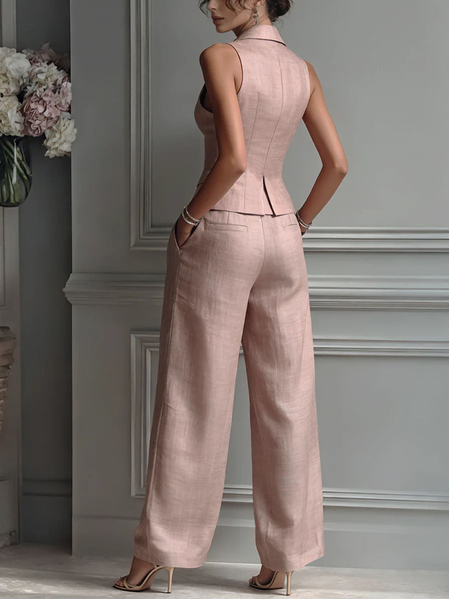 Conjunto mujer elegante chaleco V pantalón amplio