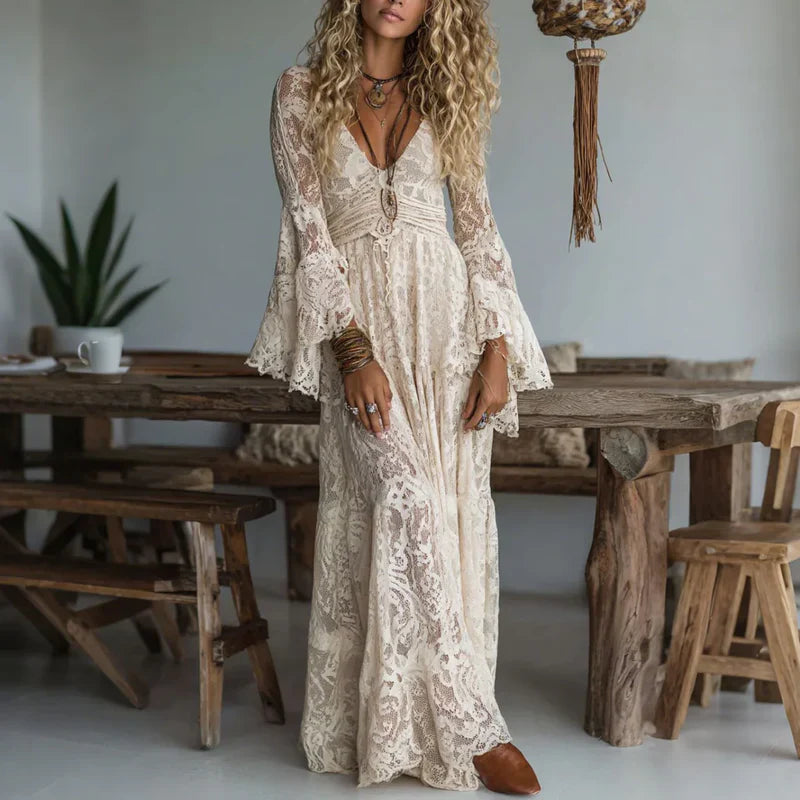 Vestido largo mujer de encaje vintage con mangas acampanadas