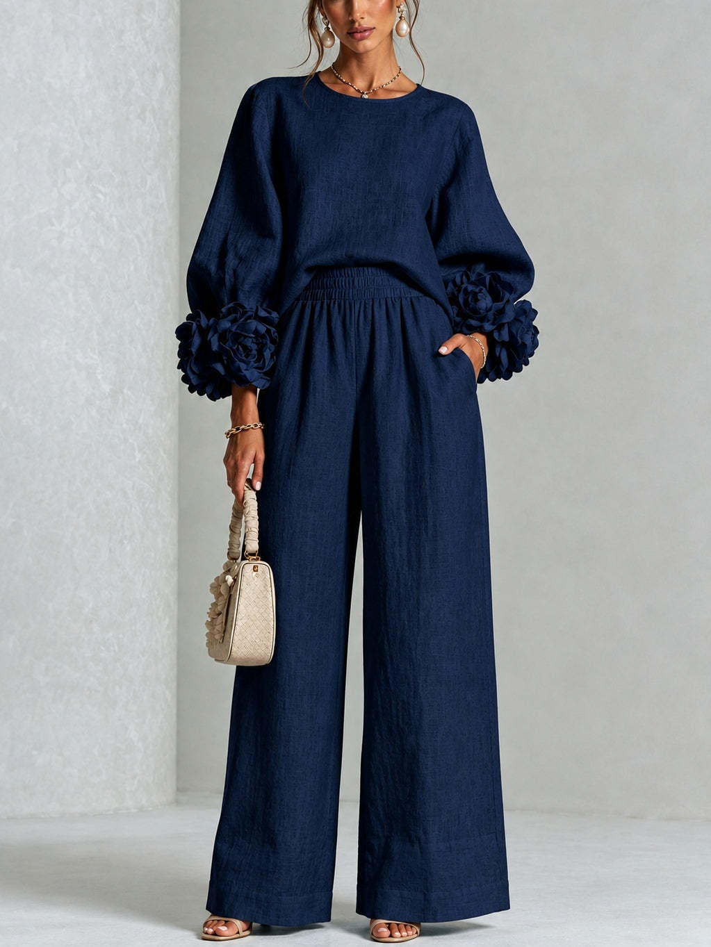 Conjunto mujer dos piezas con mangas florales y pantalón ancho