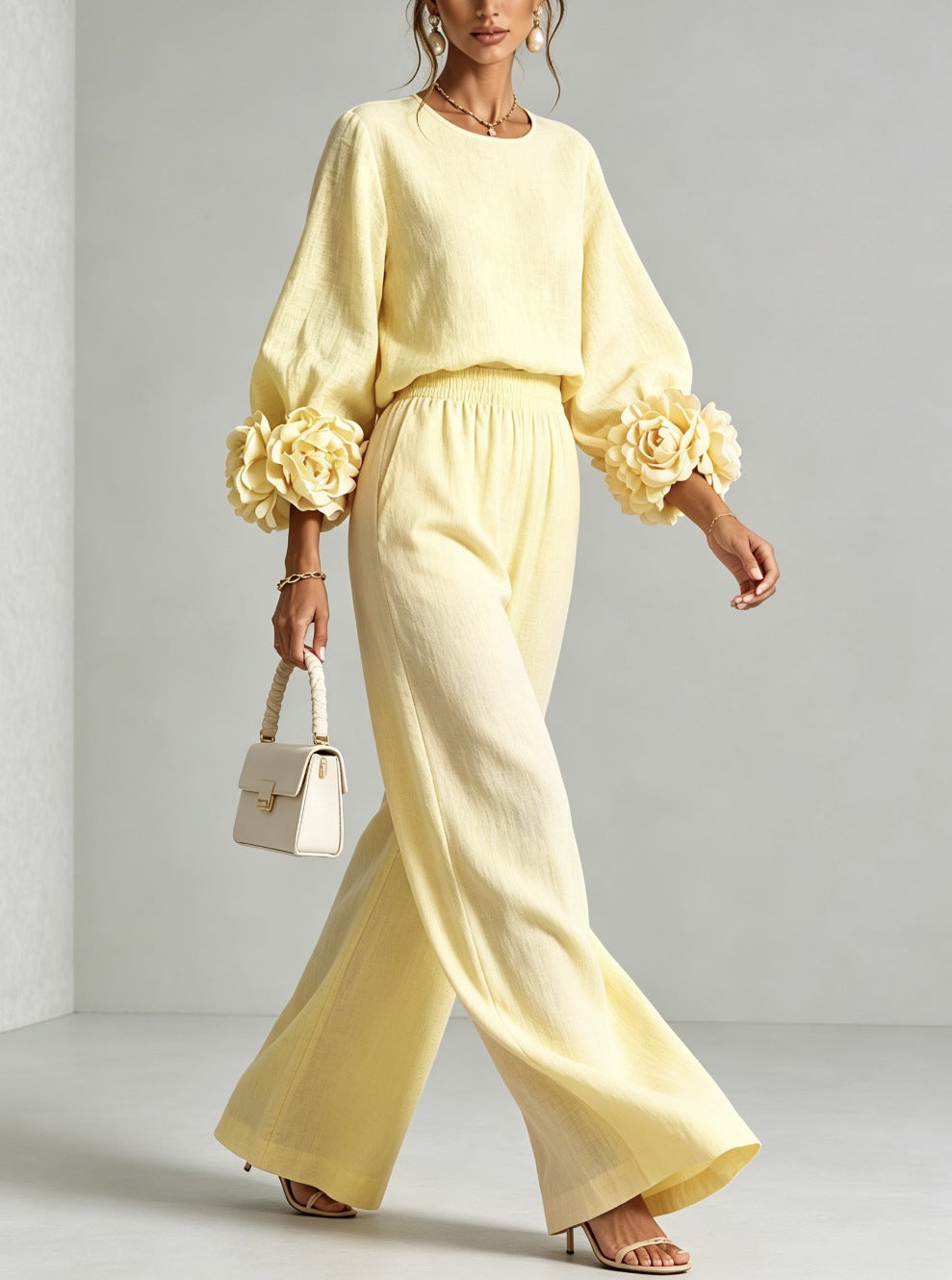 Conjunto mujer dos piezas con mangas florales y pantalón ancho