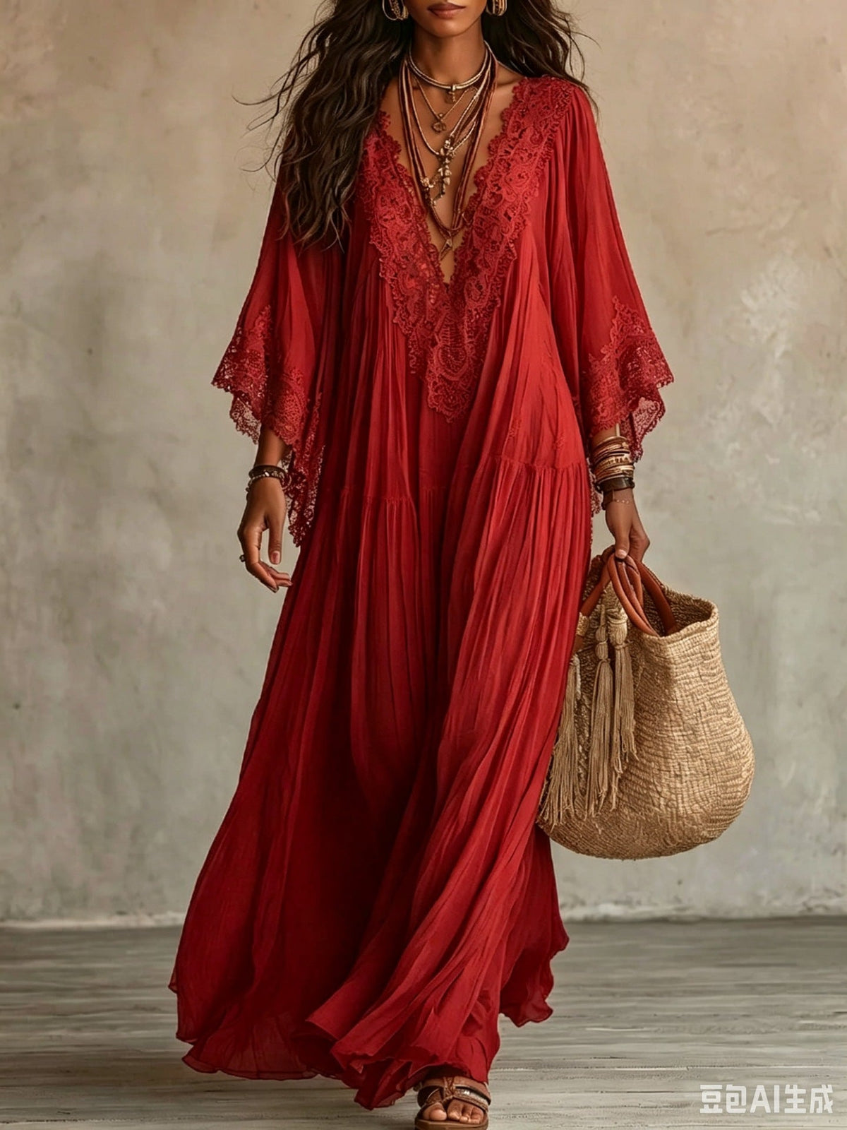 Vestido maxi de mujer con encaje y escote en V bohemio fluido