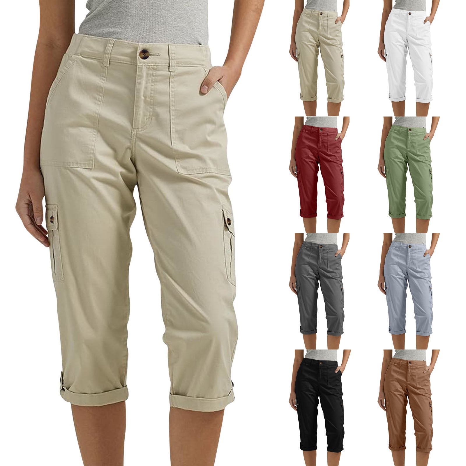 Pantalones capri cargo para mujer con múltiples bolsillos