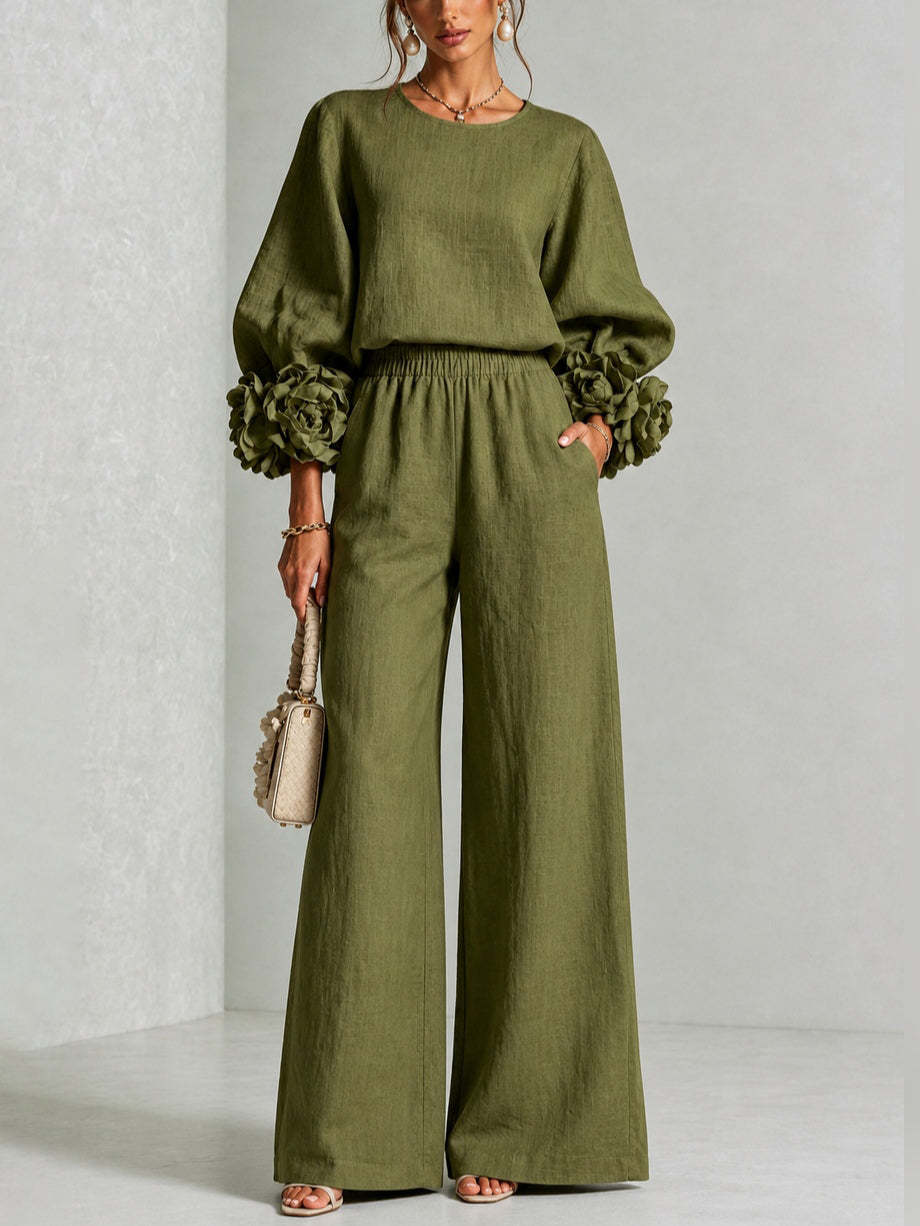 Conjunto mujer dos piezas con mangas florales y pantalón ancho