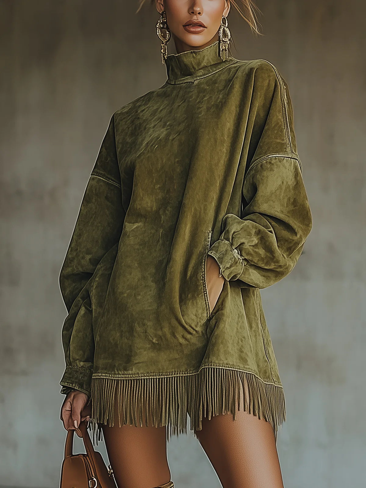 Vestido Mujer Cuello Alto Con Flecos – Estilo Boho Elegante y Cómodo