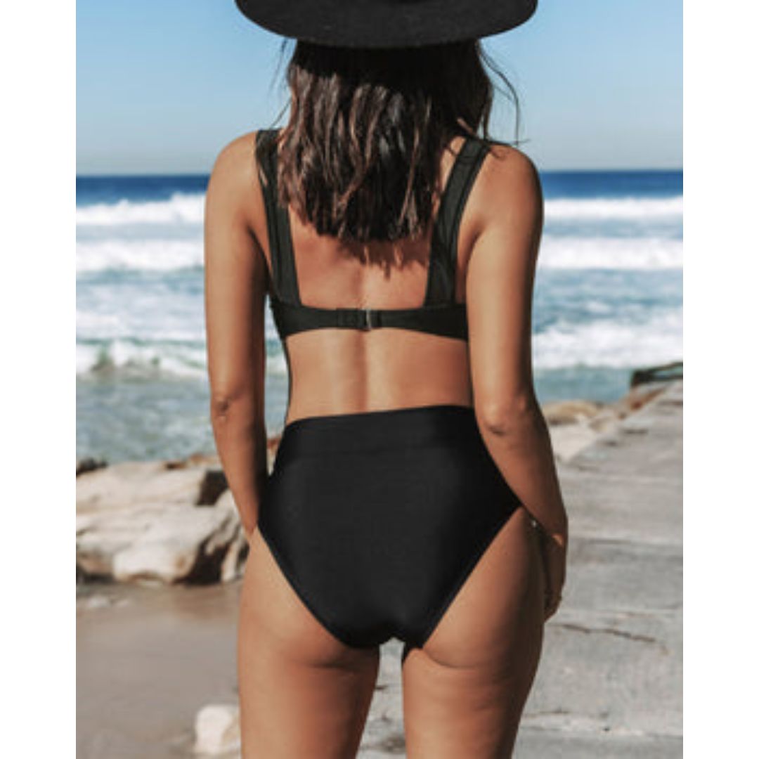 Bikini mujer dos piezas liso top triángulo escote V cintura alta moldeadora playa