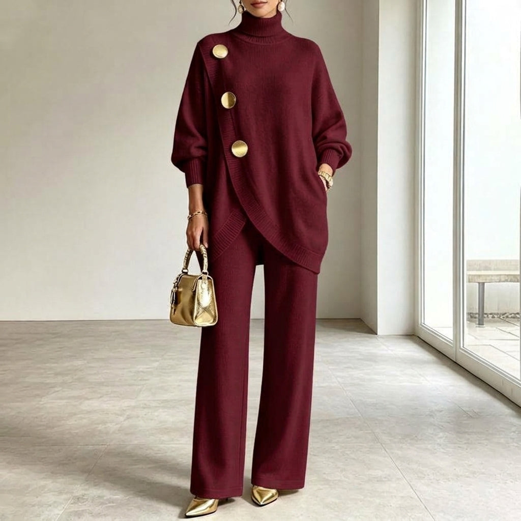 Conjunto de punto para mujer con cuello alto y pantalón de pierna ancha