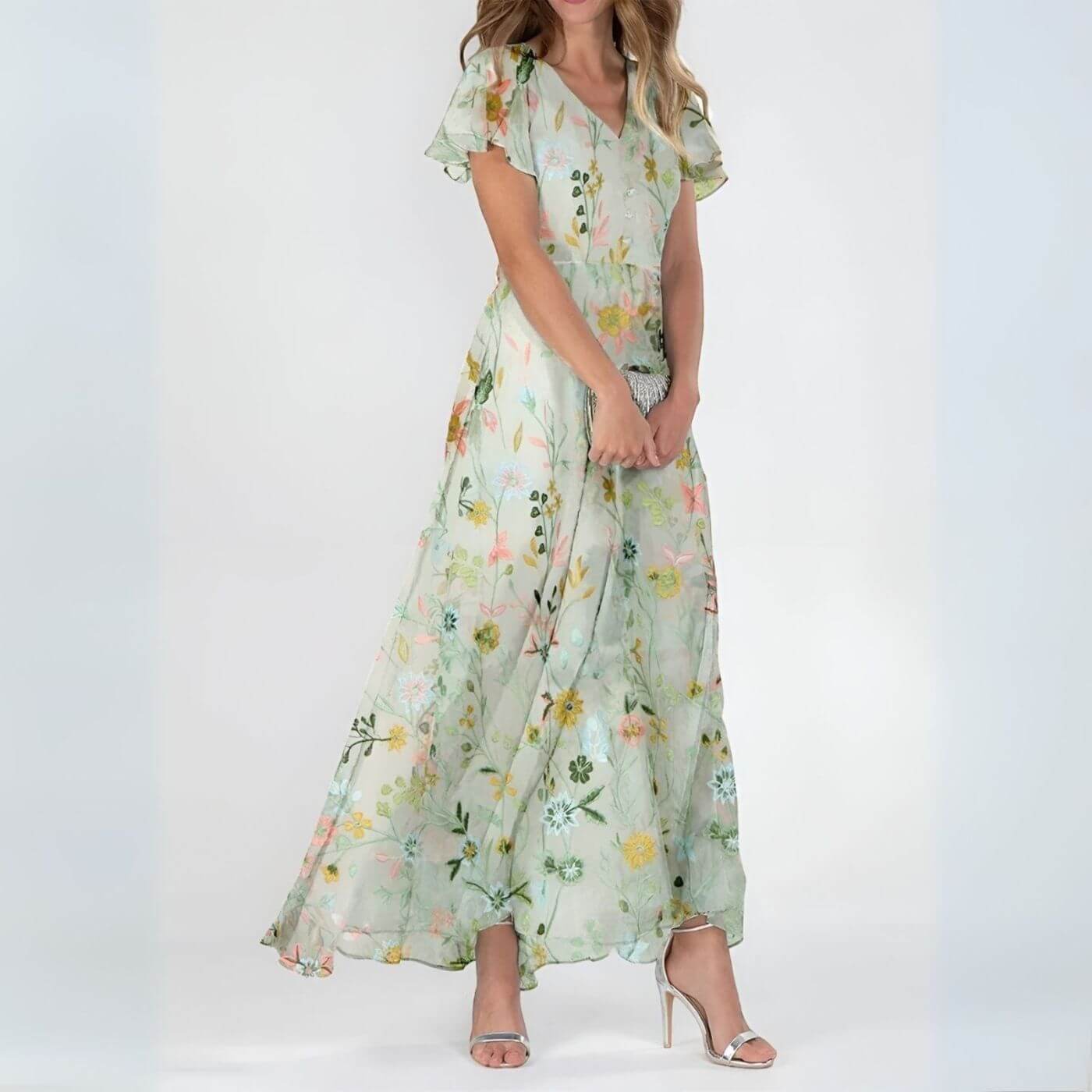 Vestido maxi mujer con estampado floral y escote en V