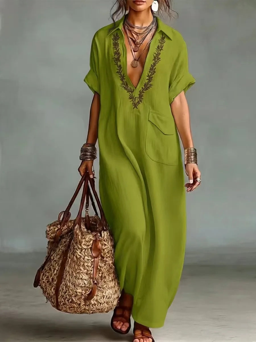 Vestido largo efecto lino bordado con bolsillos estilo boho