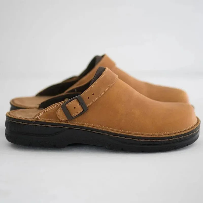 Mules hombre cuero envejecido punta cerrada hebilla suela gruesa