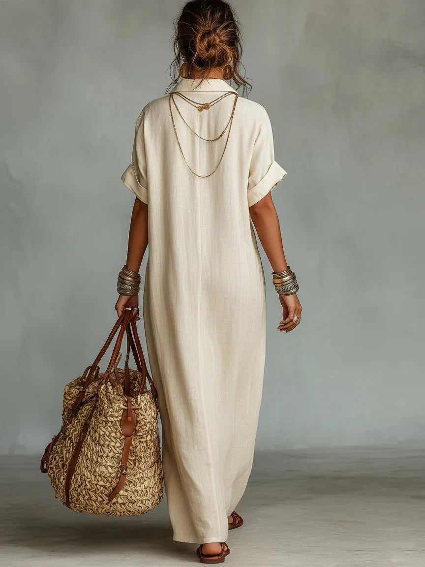 Vestido largo efecto lino bordado con bolsillos estilo boho