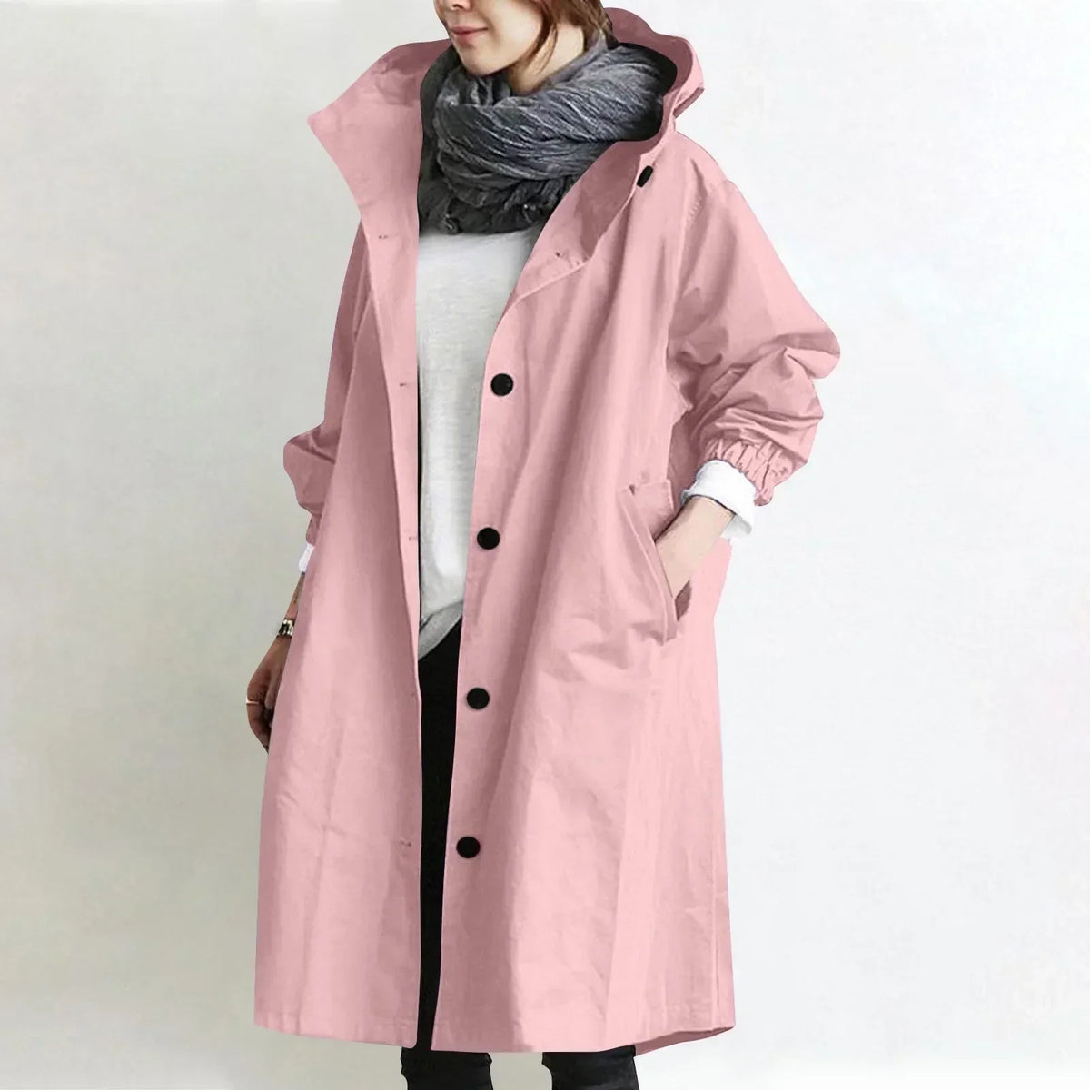 Trench largo para mujer con capucha, botones y bolsillos