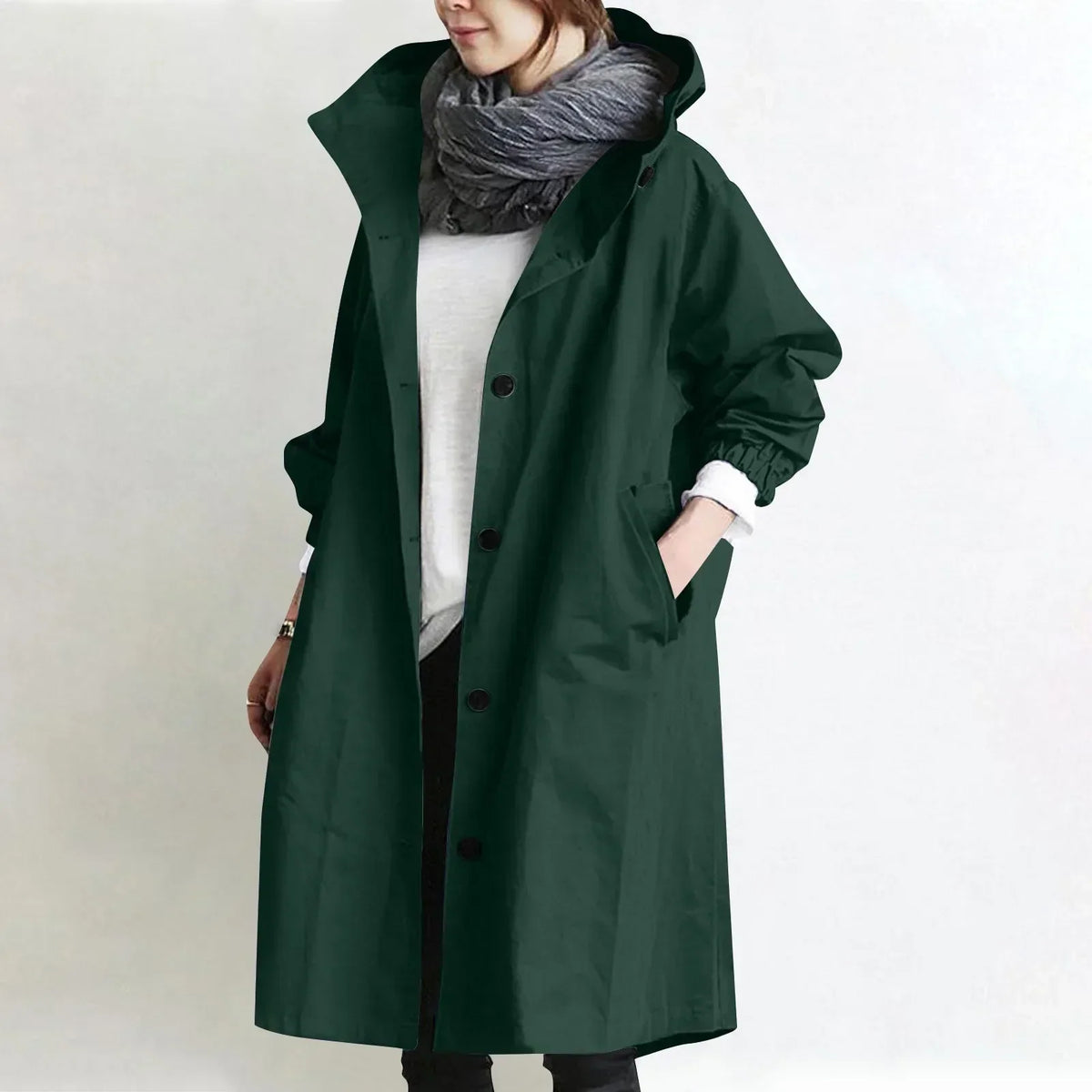 Trench largo para mujer con capucha, botones y bolsillos