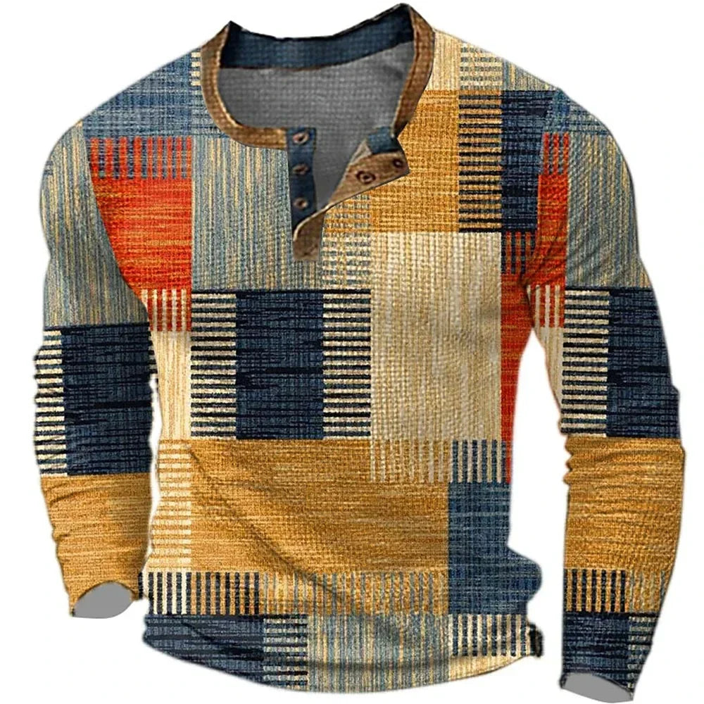 Camiseta hombre manga larga cuello Henley estampado geométrico patchwork casual