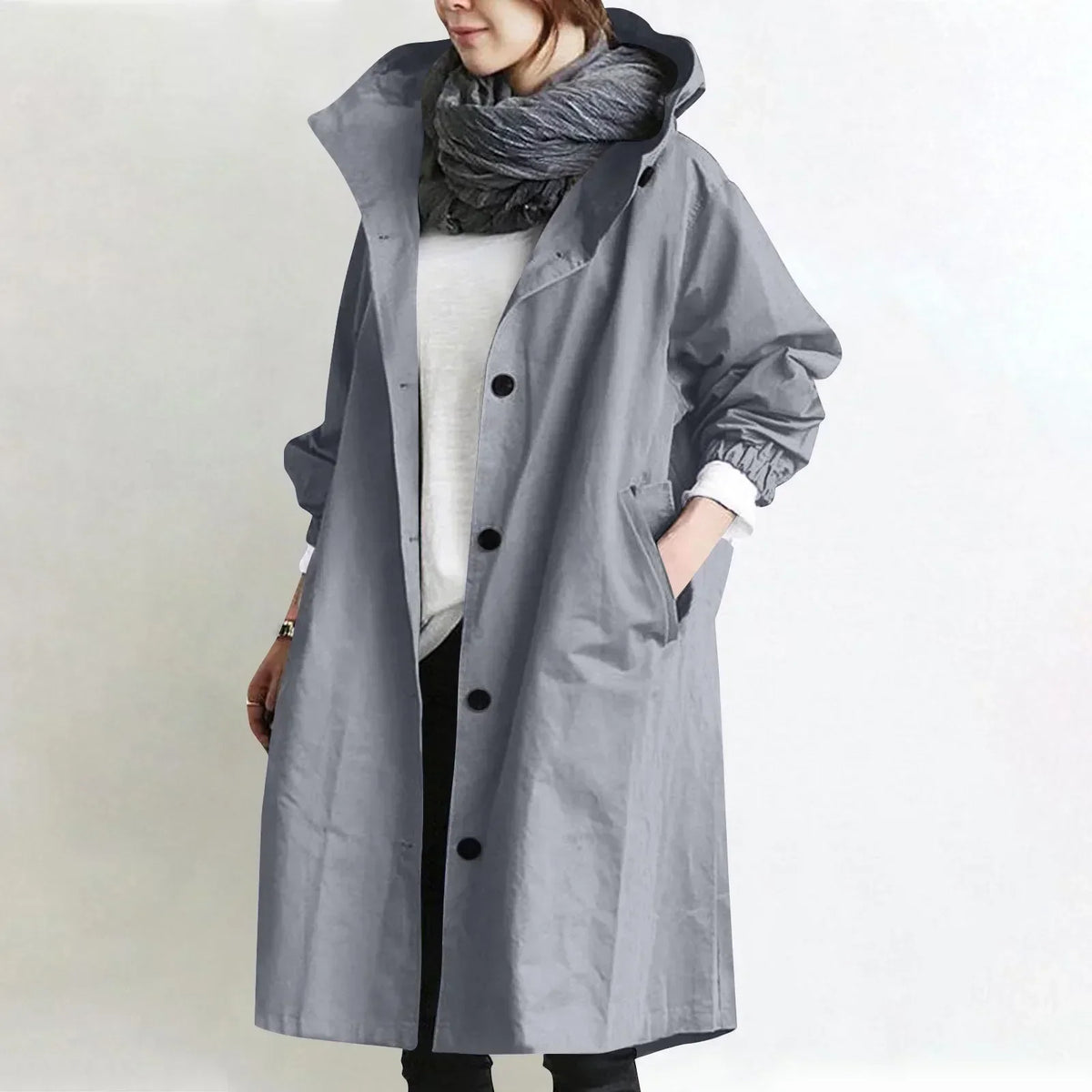 Trench largo para mujer con capucha, botones y bolsillos