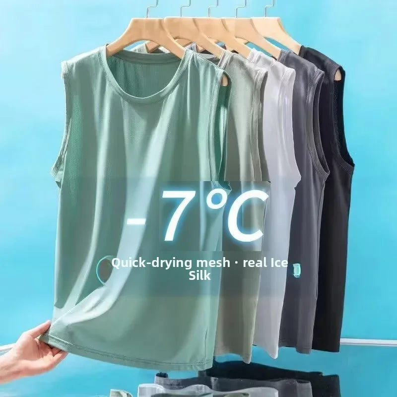 Gilet en maille de soie glacée pour hommes, vêtements de sport légers d'été, T-shirt sans manches, débardeur décontracté, vêtements d'extérieur à la mode