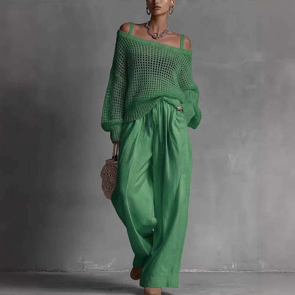 Conjunto de mujer con suéter calado y pantalón ancho