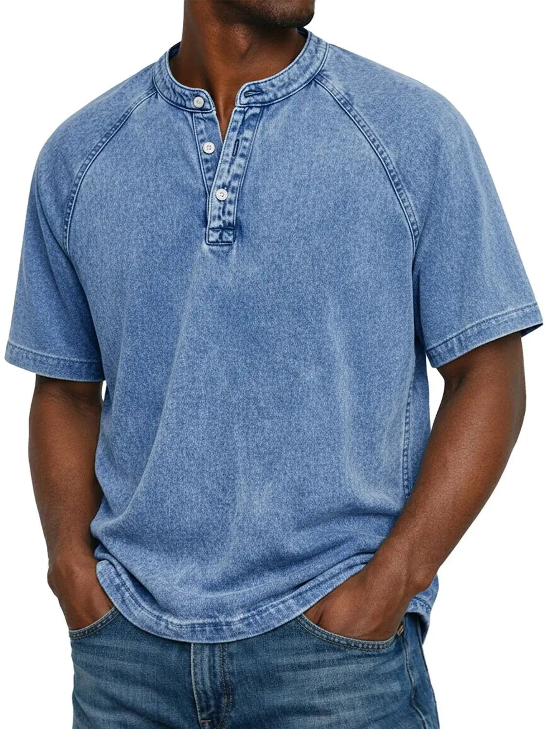 Camiseta hombre algodón cuello Henley manga corta efecto desgastado vintage casual