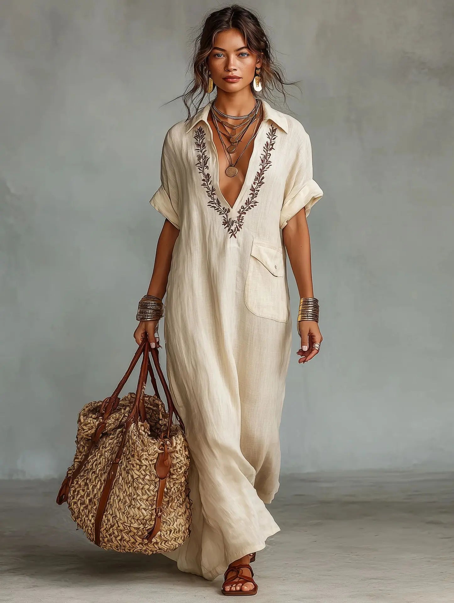 Vestido largo efecto lino bordado con bolsillos estilo boho