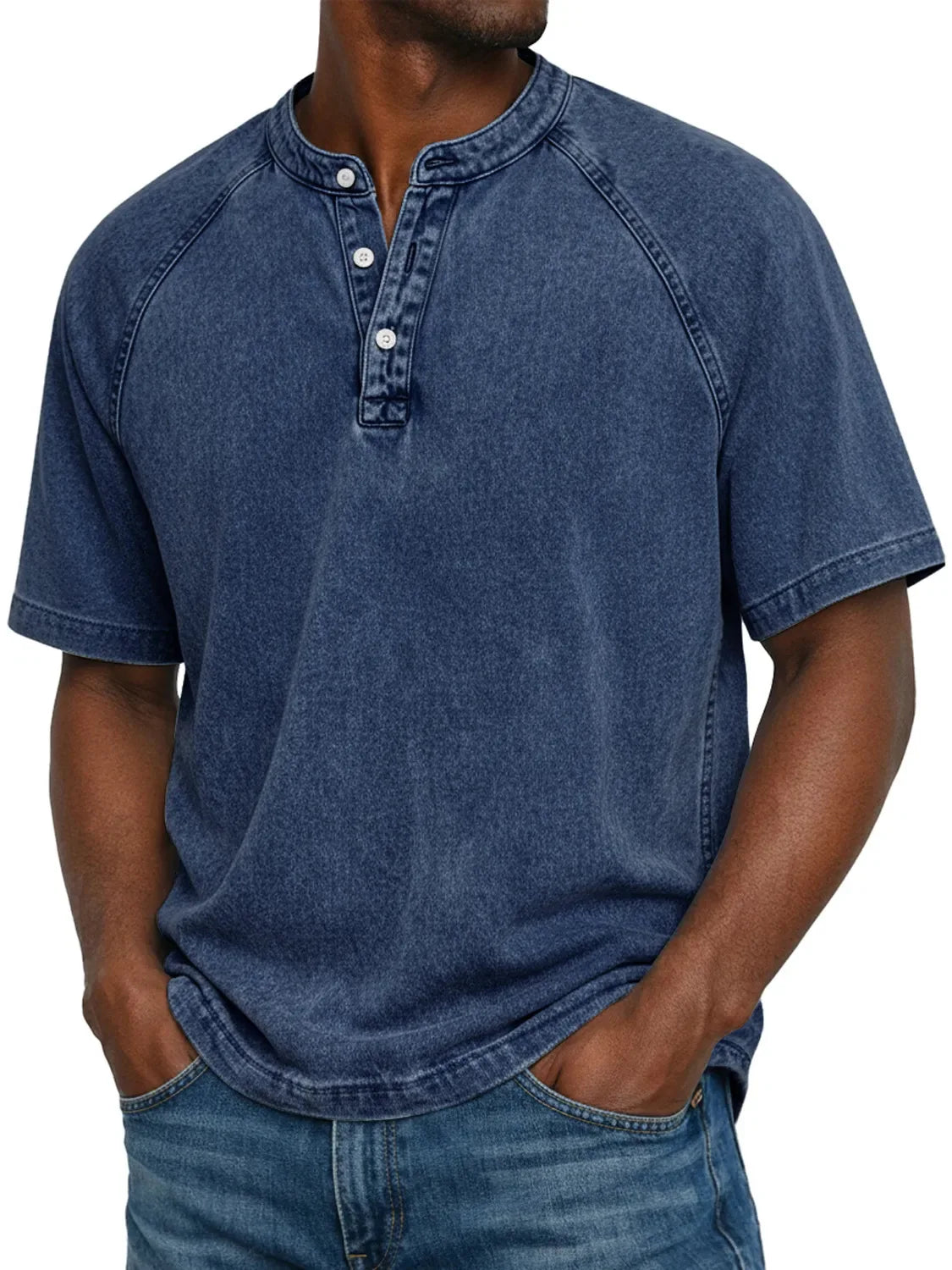 Camiseta hombre algodón cuello Henley manga corta efecto desgastado vintage casual