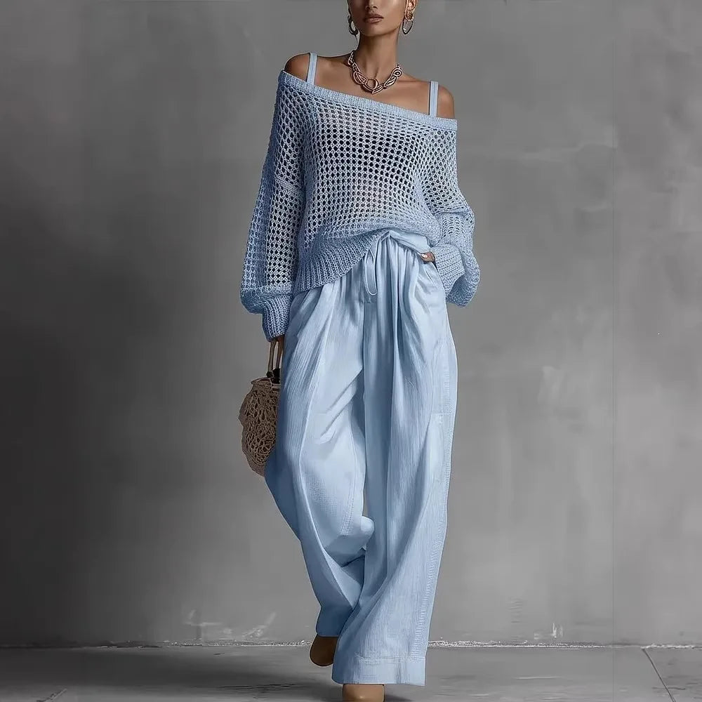 Conjunto de mujer con suéter calado y pantalón ancho