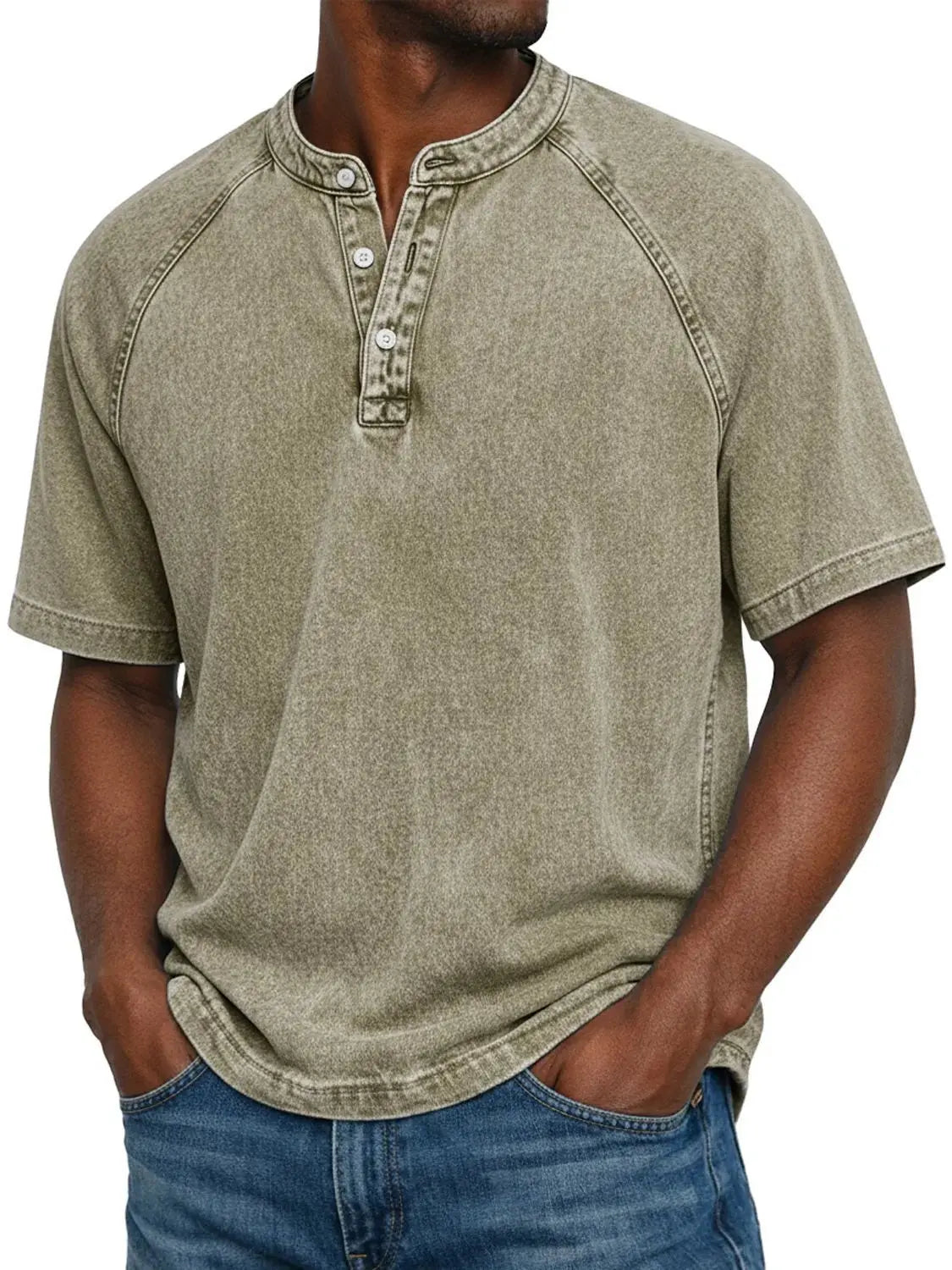 Camiseta hombre algodón cuello Henley manga corta efecto desgastado vintage casual