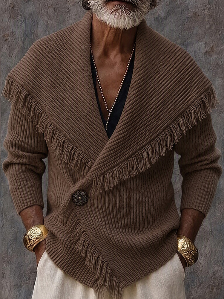 Cárdigan de punto para hombre con cuello chal y flecos