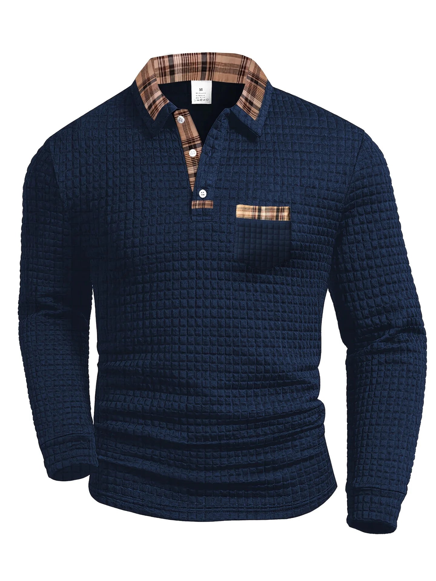 Polo hombre manga larga azul texturizado – estilo urbano elegante cómodo