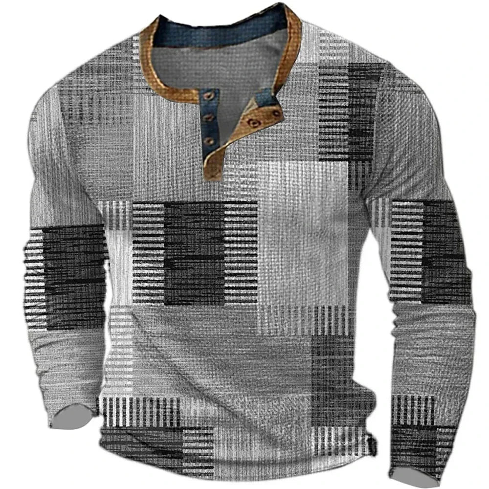 Camiseta hombre manga larga cuello Henley estampado geométrico patchwork casual
