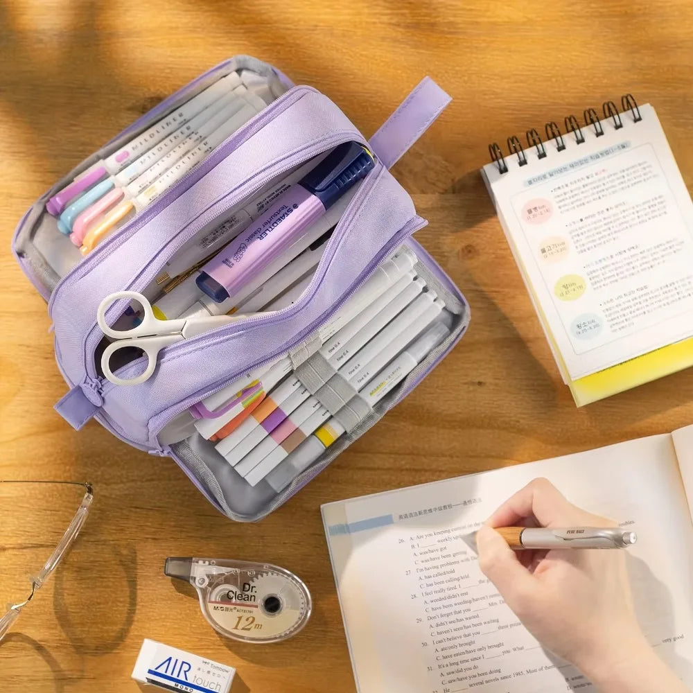 Estuche escolar grande de tela con 4 compartimentos y separador transparente