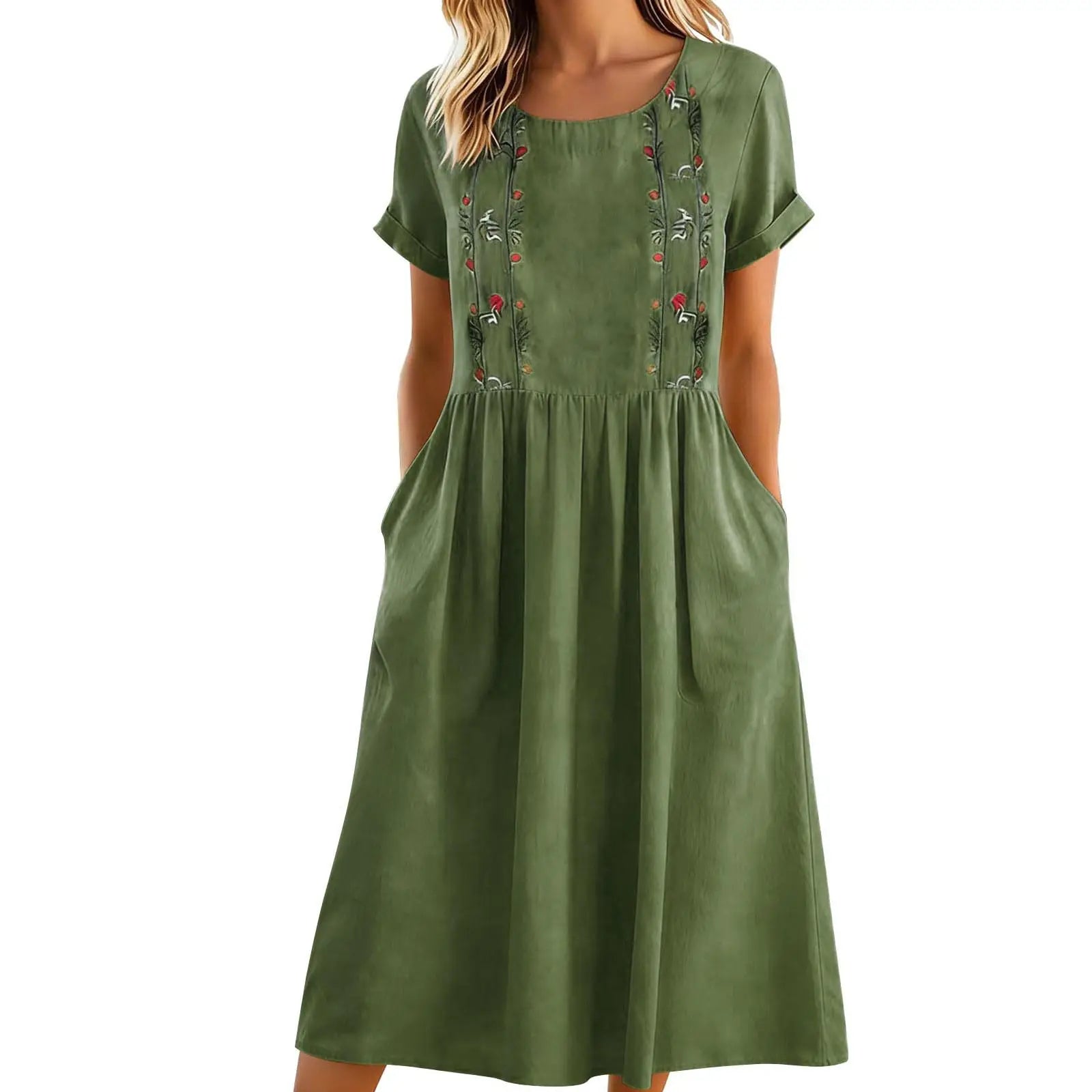 Vestido midi mujer algodón poliéster bordado y bolsillos verano