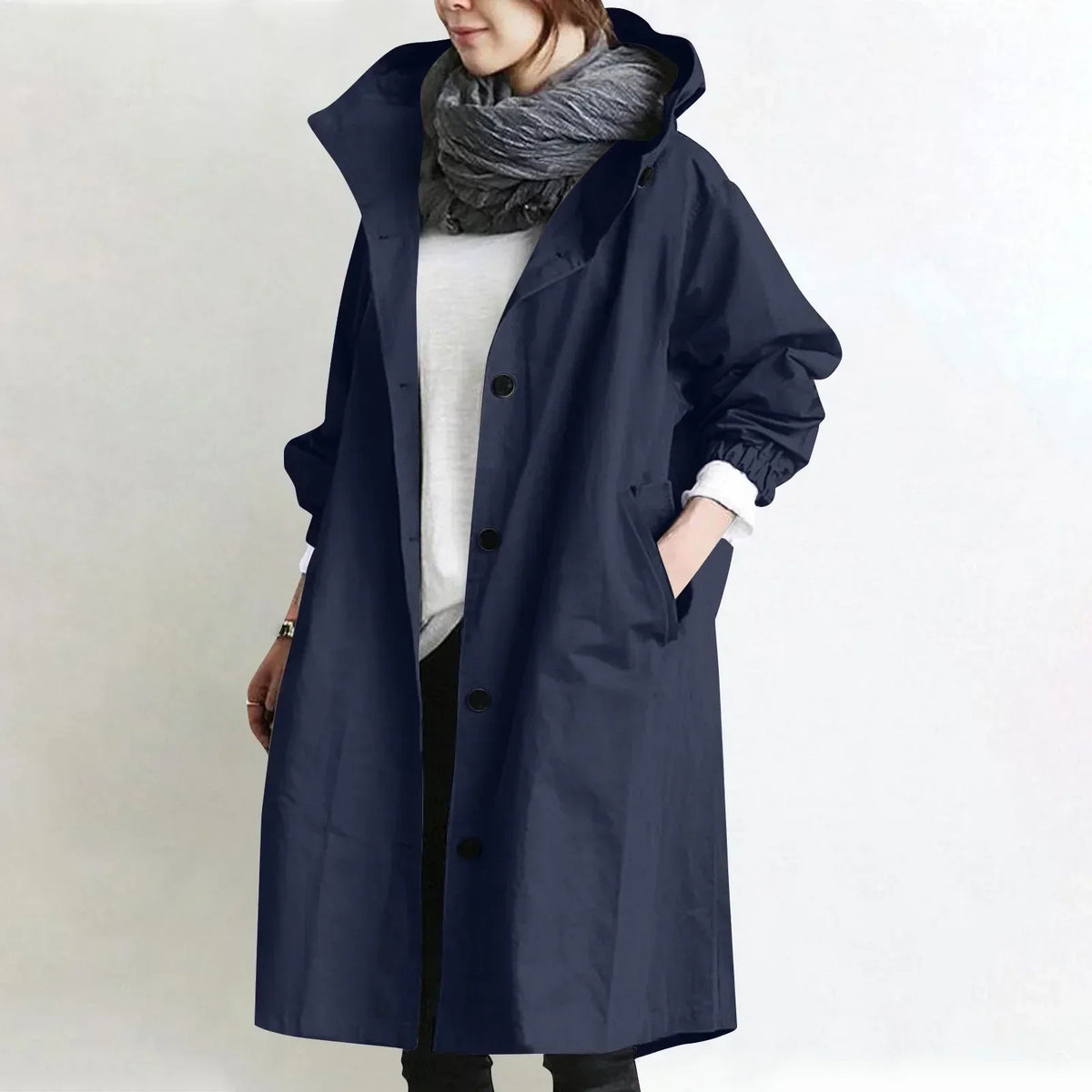 Trench largo para mujer con capucha, botones y bolsillos