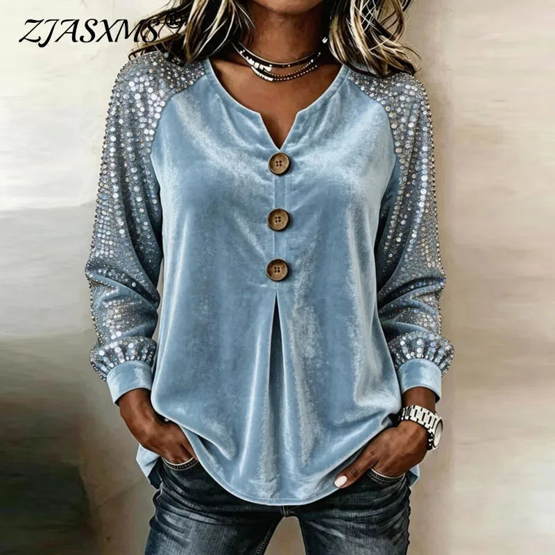 Top de terciopelo para mujer con mangas de lentejuelas